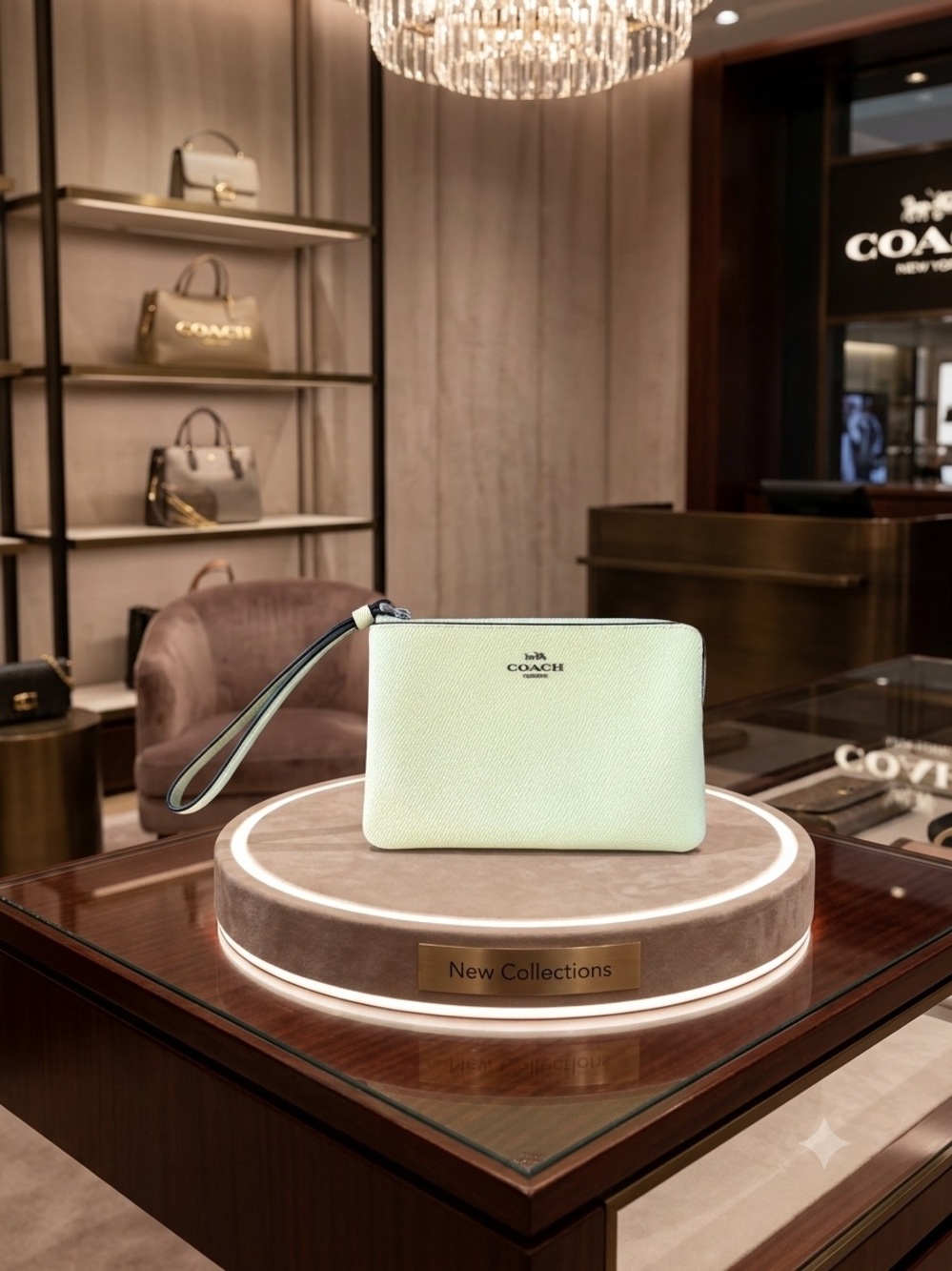 COACH Light Yellow Green Leather Wristlet Pouch with Strap